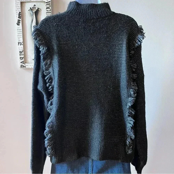 Loft Black Fringe Cable Knit Turtleneck Sweater Size L - Picture 8 of 10